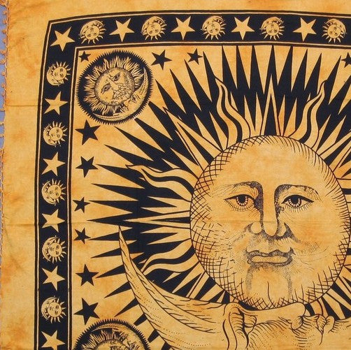 Handmade Cotton Heavy Celestial Mandala Sun Moon Star Tapestry Spread 84x96 Gold - Sweet Us
