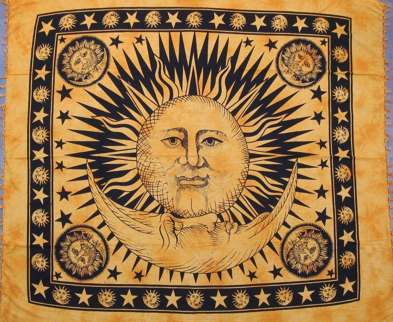 Handmade Cotton Heavy Celestial Mandala Sun Moon Star Tapestry Spread 84x96 Gold - Sweet Us