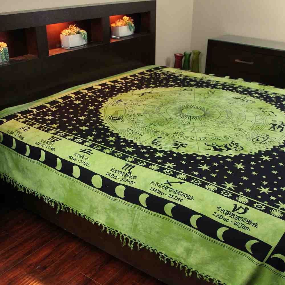 Handmade Cotton Astrological Tapestry Tablecloth Spread Zodiac Symbol Full Green - Sweet Us