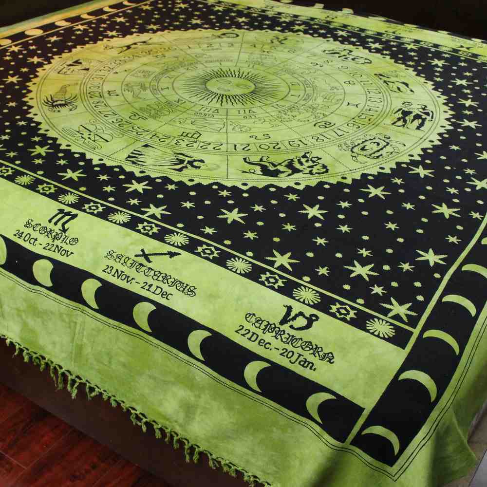 Handmade Cotton Astrological Tapestry Tablecloth Spread Zodiac Symbol Full Green - Sweet Us