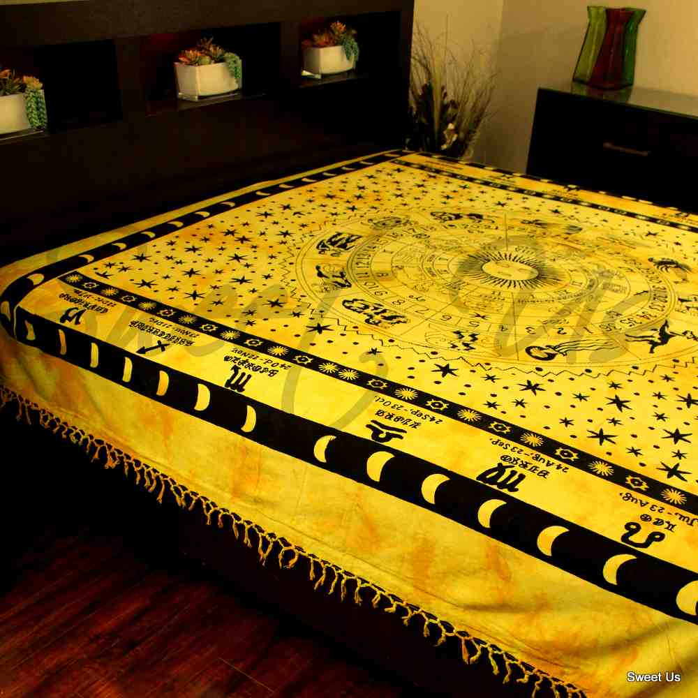 Cotton Astrological Zodiac Symbol Wall Tapestry Bedspread Full Bed sheets Gold - Sweet Us
