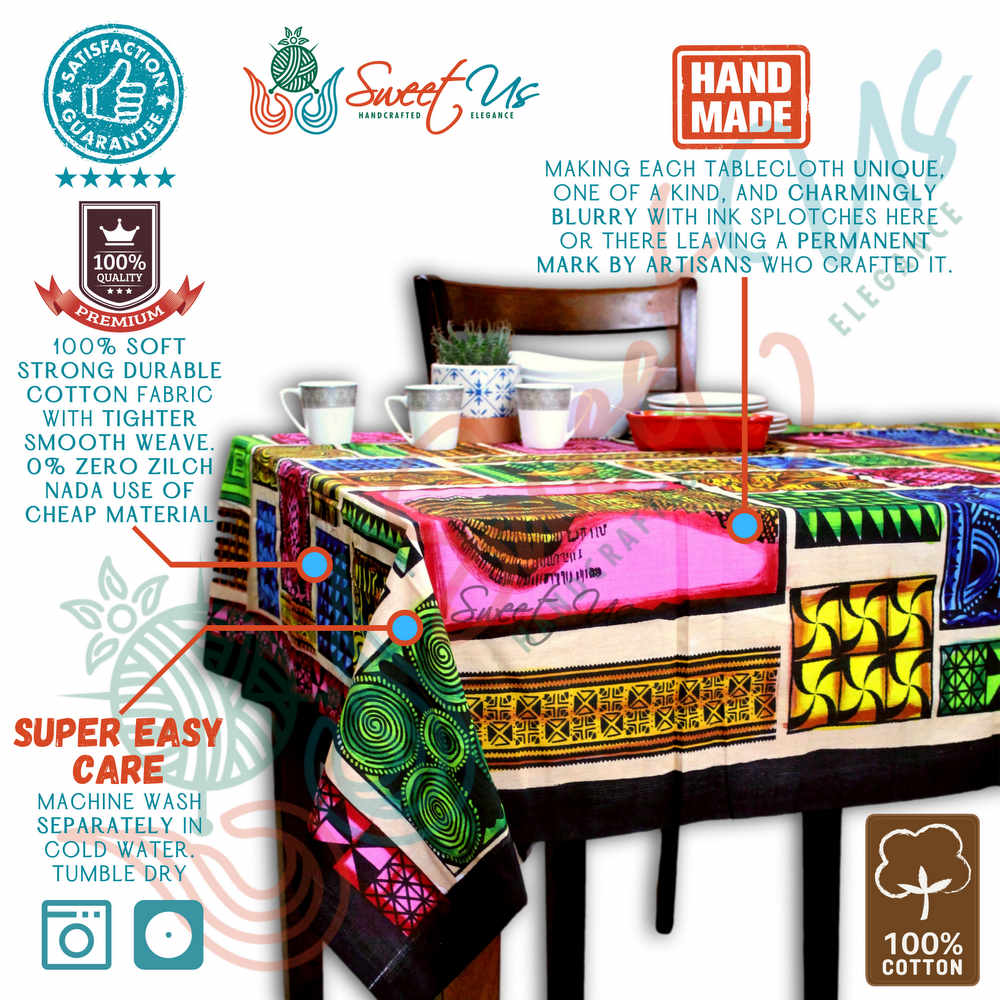 Cotton African Kingdom Tablecloth Rectangle Blue Green Yellow Pink Black