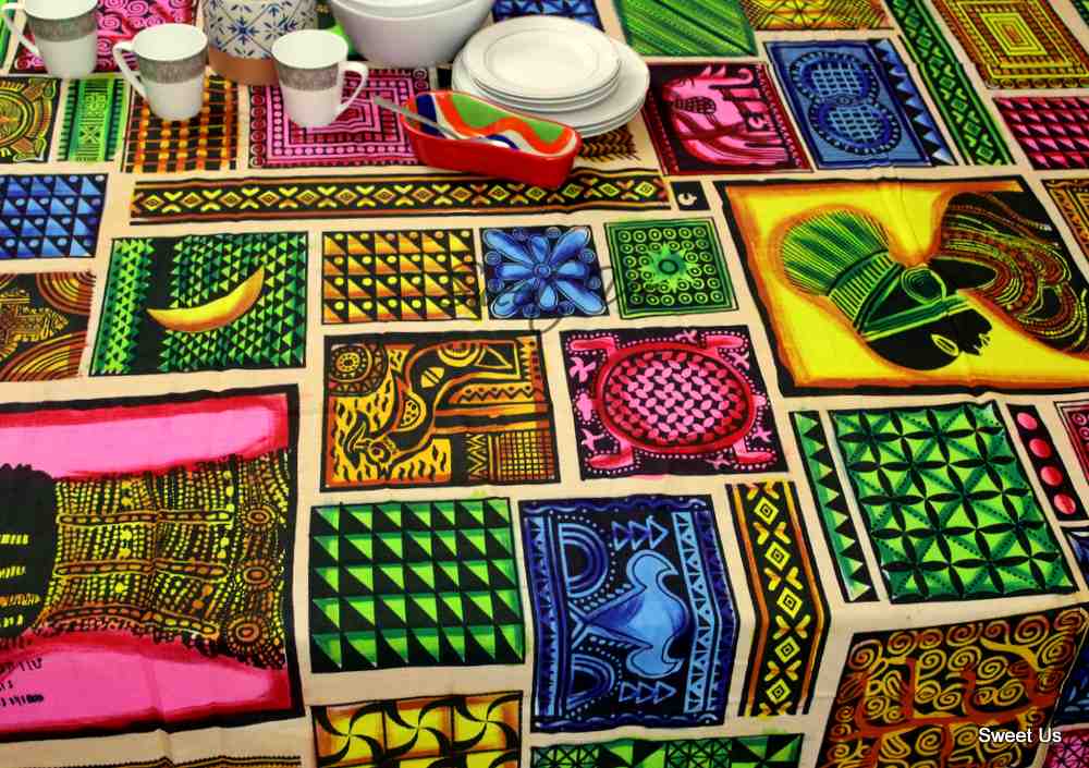 Cotton African Kingdom Tablecloth Rectangle Blue Green Yellow Pink Black