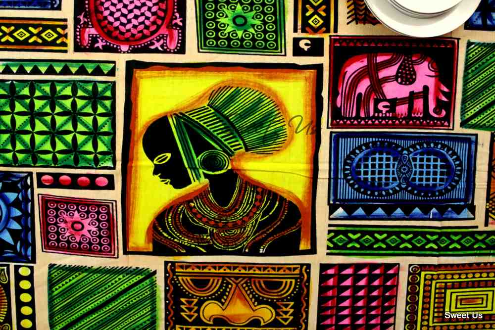 Cotton African Kingdom Tablecloth Rectangle Blue Green Yellow Pink Black