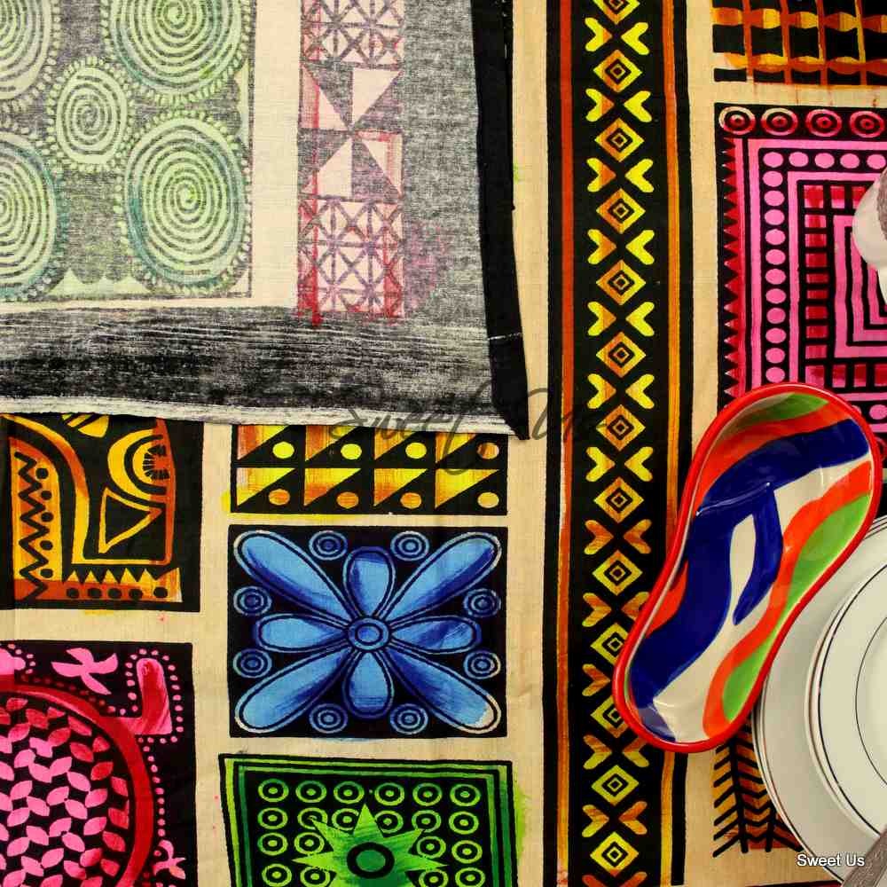 Cotton African Kingdom Tablecloth Rectangle Blue Green Yellow Pink Black