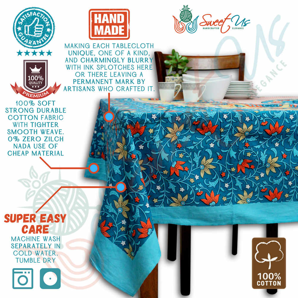 Teal Blue Cotton Floral Muticolor Peaock Design Table Linen