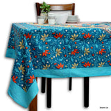 Tablecloth Peacock Blue Red and Golden Flowers Indian Block Print 