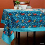 Elegant Table Spread Teal Blue Floral Design Peacock Print Indian 