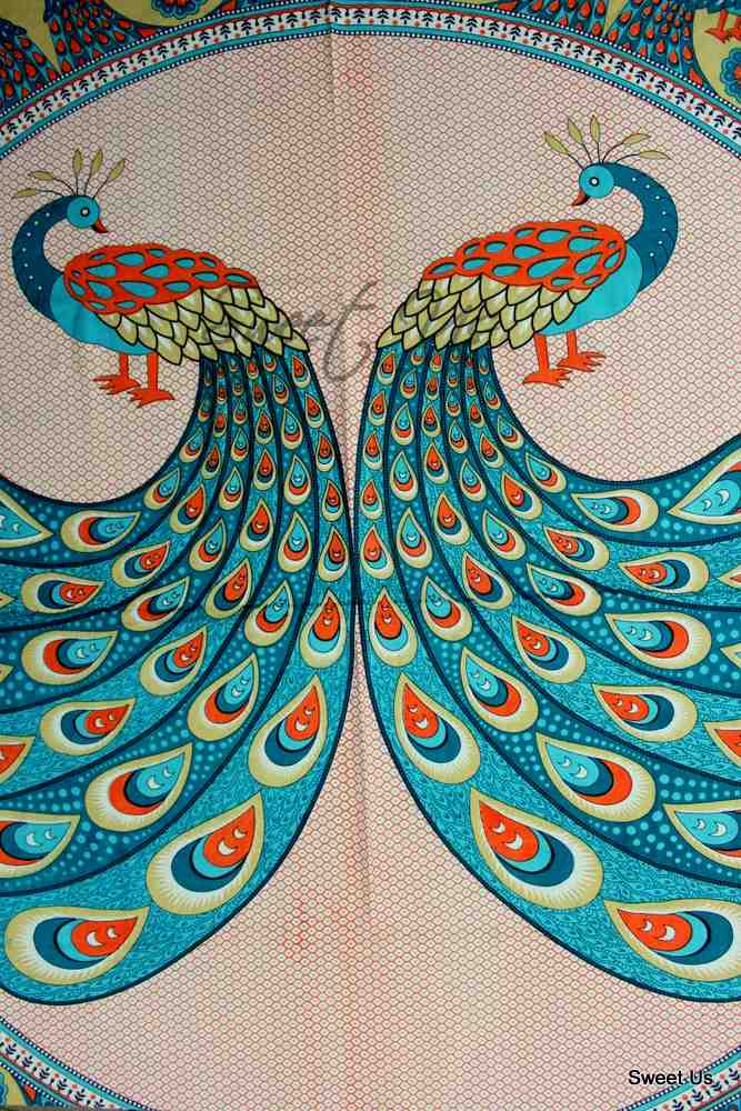 Two Peacock Twin Design Mandala Round Table Linen Rectangle Size 