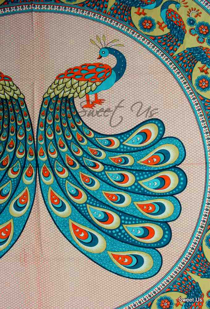 Peacock Feather Elegant Orange Blue Table Cover for Big Rectangle Table. 