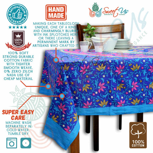 Tablecloth 88 x 104 Rectangle Royal Blue Floral Indian Cotton Peacock Design 