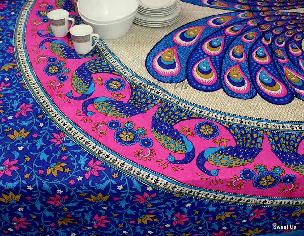 Pink Blue Mandala Peacock Royal Indian Ethnic Tablecloth