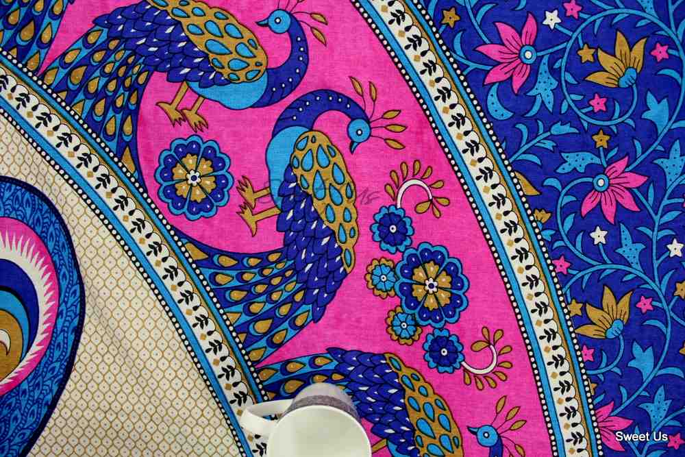 Designer Mandala Blue Pink Peacock Rectangle Tablecloth Bedsheet California
