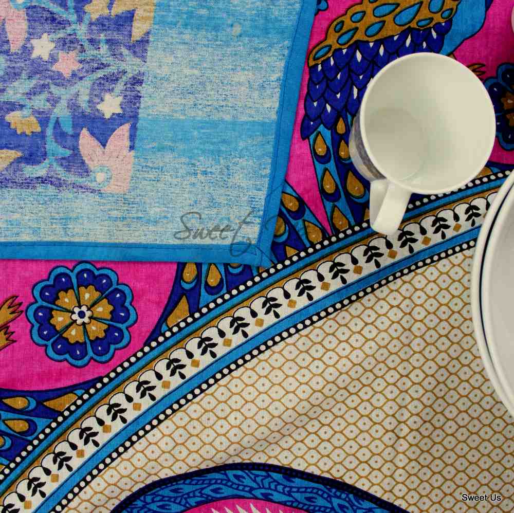 Indian Boho Peacock Design Bedspread Blue Pink Cotton Handmade