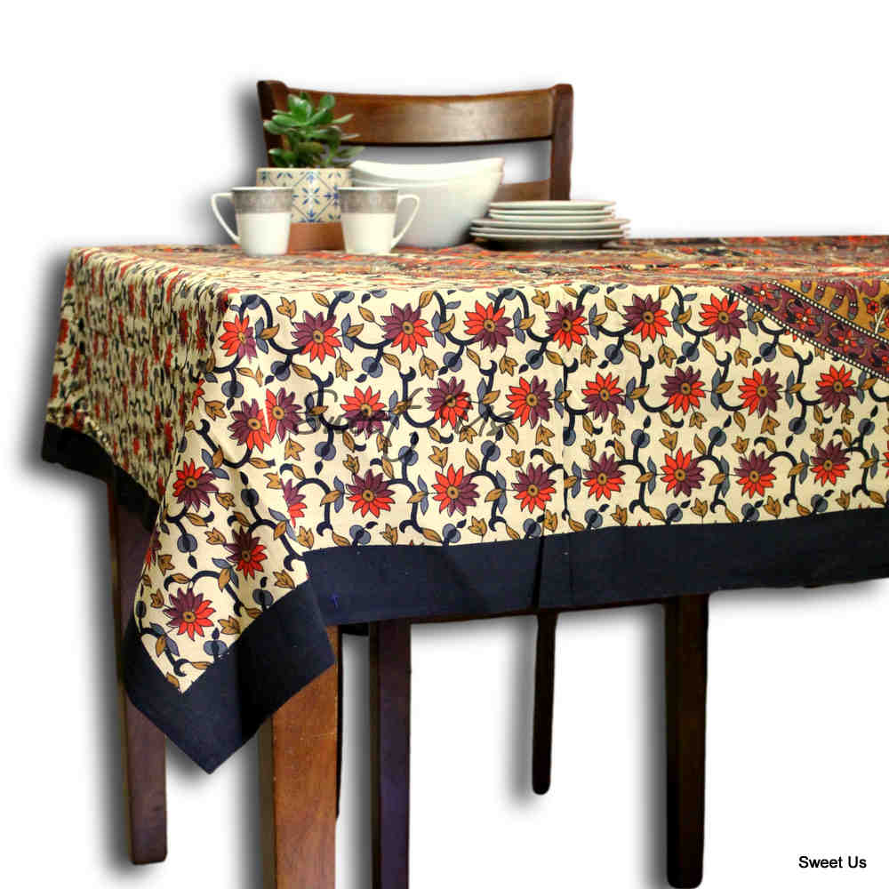 Cotton Elephant Floral Tablecloth Rectangle Blue Red Green Kitchen Dining Linen