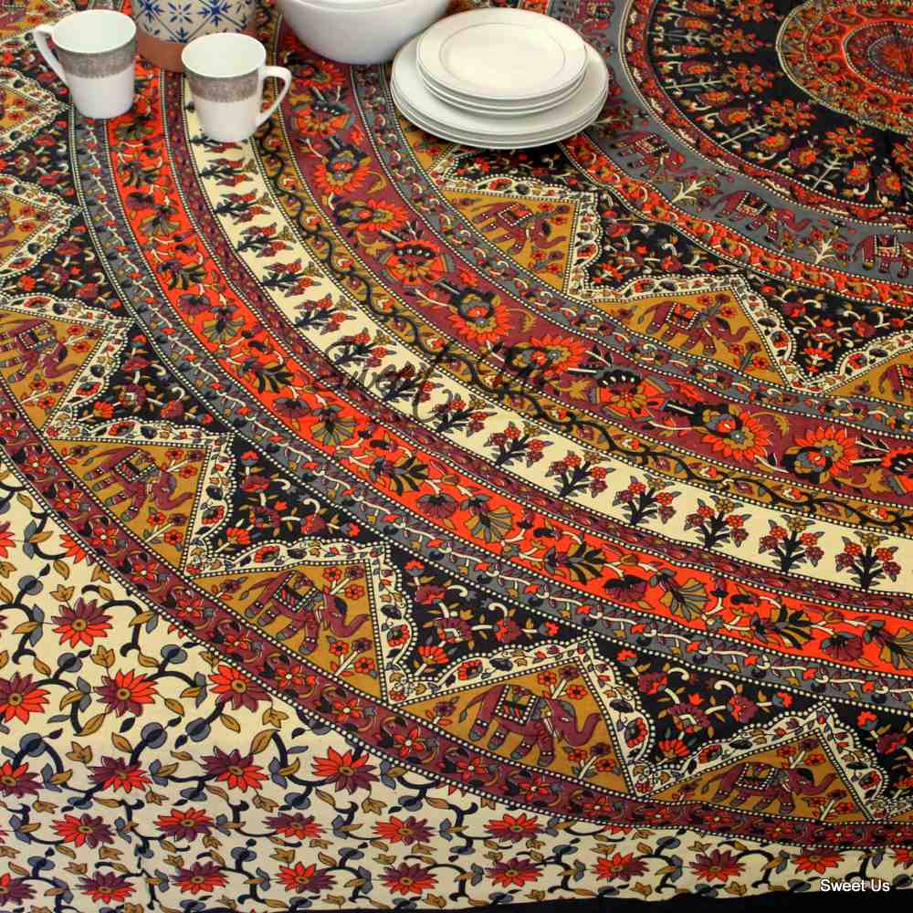 Cotton Elephant Floral Tablecloth Rectangle Blue Red Green Kitchen Dining Linen