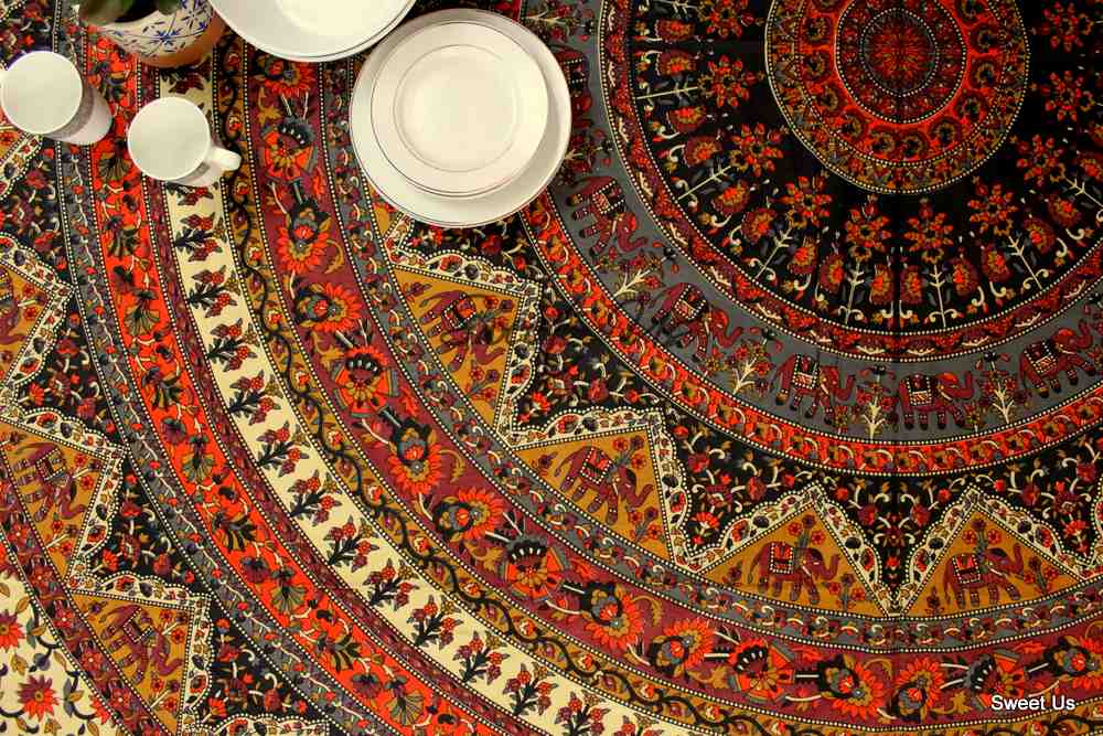 Cotton Elephant Floral Tablecloth Rectangle Blue Red Green Kitchen Dining Linen