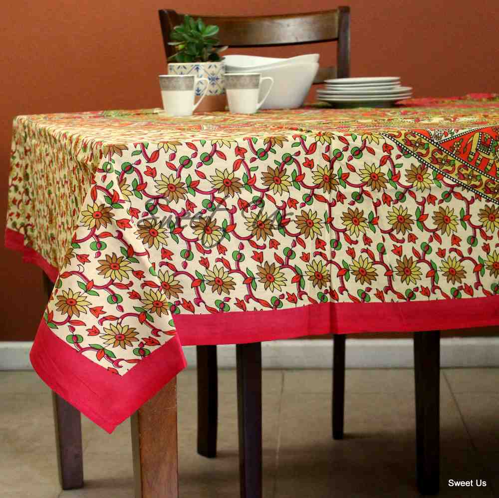 Cotton Elephant Floral Tablecloth Rectangle Blue Red Green Kitchen Dining Linen