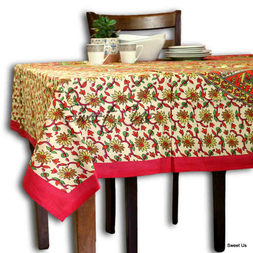 Cotton Elephant Floral Tablecloth Rectangle Blue Red Green Kitchen Dining Linen