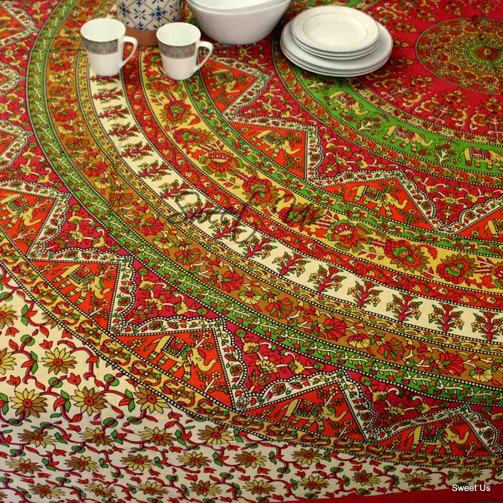 Cotton Elephant Floral Tablecloth Rectangle Blue Red Green Kitchen Dining Linen
