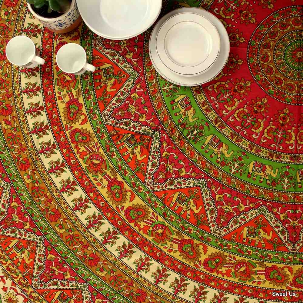 Cotton Elephant Floral Tablecloth Rectangle Blue Red Green Kitchen Dining Linen