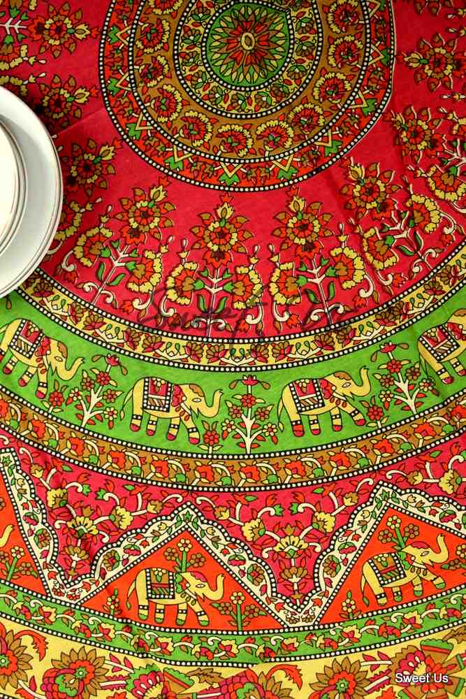 Cotton Elephant Floral Tablecloth Rectangle Blue Red Green Kitchen Dining Linen