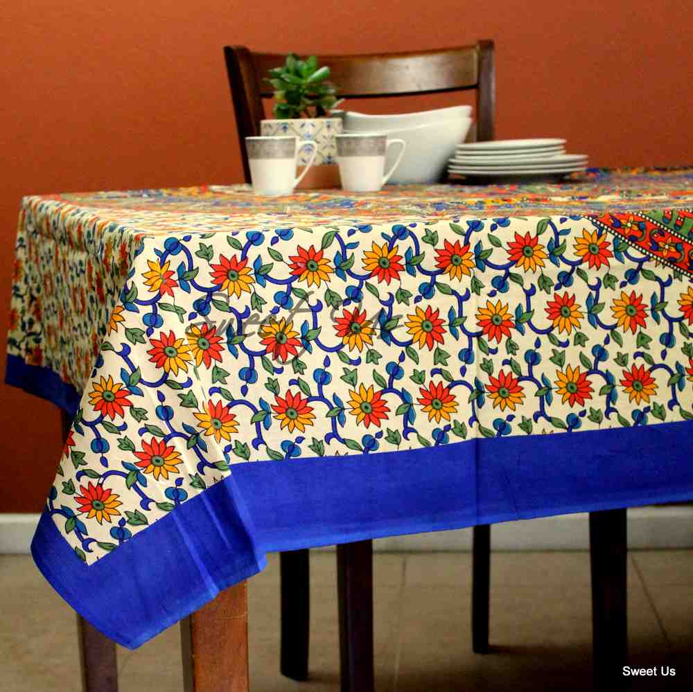 Cotton Elephant Floral Tablecloth Rectangle Blue Red Green Kitchen Dining Linen