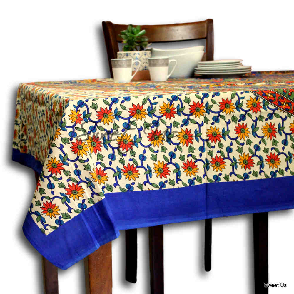 Cotton Elephant Floral Tablecloth Rectangle Blue Red Green Kitchen Dining Linen