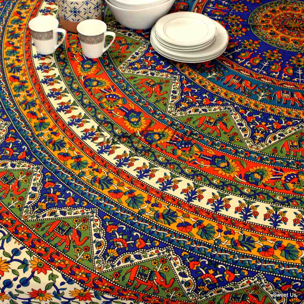 Cotton Elephant Floral Tablecloth Rectangle Blue Red Green Kitchen Dining Linen