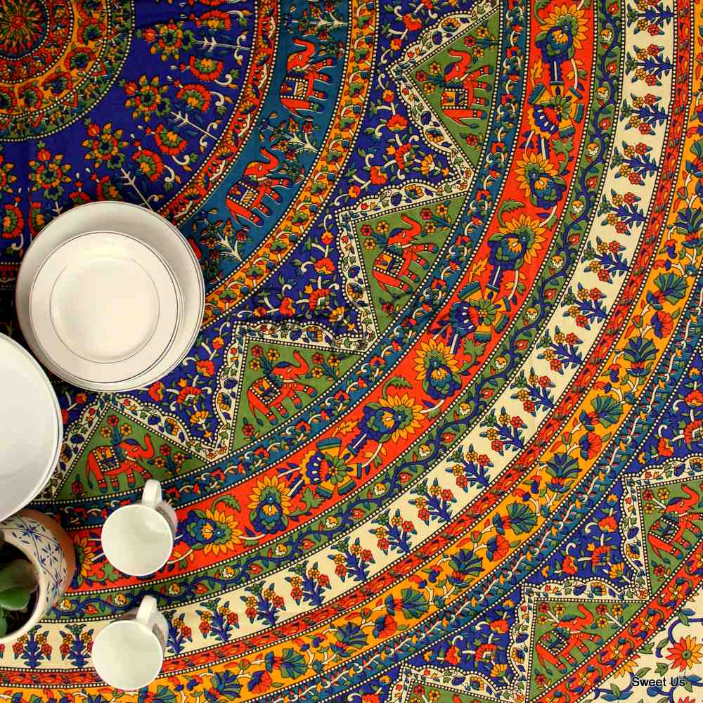 Cotton Elephant Floral Tablecloth Rectangle Blue Red Green Kitchen Dining Linen