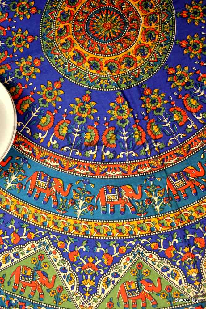 Cotton Elephant Floral Tablecloth Rectangle Blue Red Green Kitchen Dining Linen