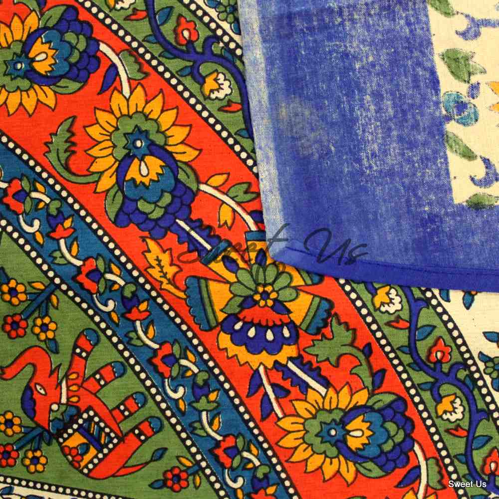 Cotton Elephant Floral Tablecloth Rectangle Blue Red Green Kitchen Dining Linen