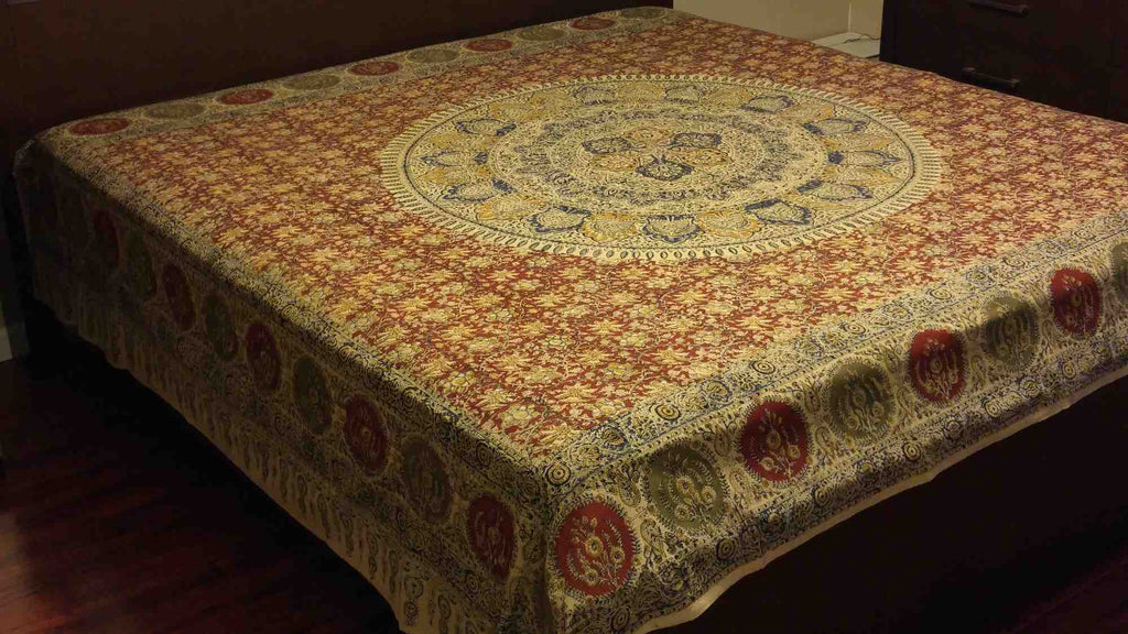 Veggie Dye Hand Block Print Cotton Tapestry Spread Throw 88"x108" Earthy Red - Sweet Us