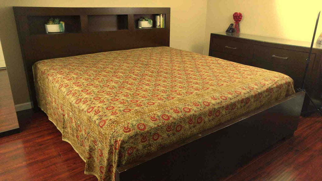 Veggie Dye Hand Block Print Cotton Tapestry Spread Tablecloth Throw 88"x108" Floral Red - Sweet Us