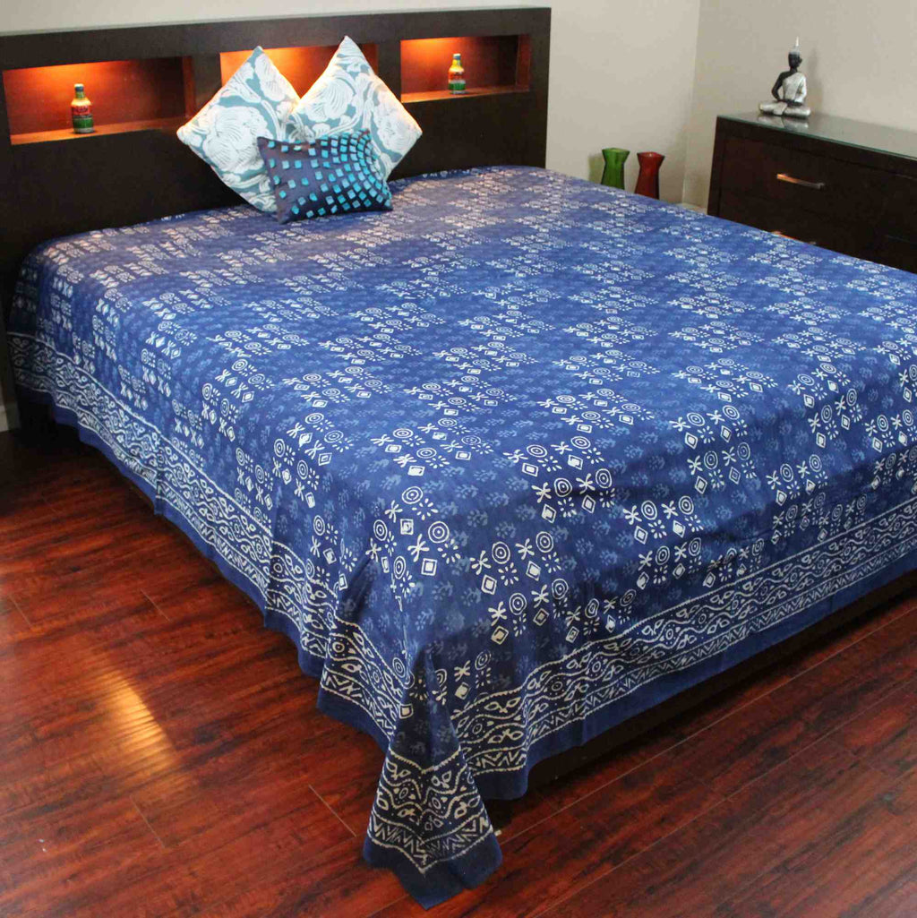Vegetable Dye Block Print Cotton Tapestry Spread 110x110 inches King Blue Black - Sweet Us
