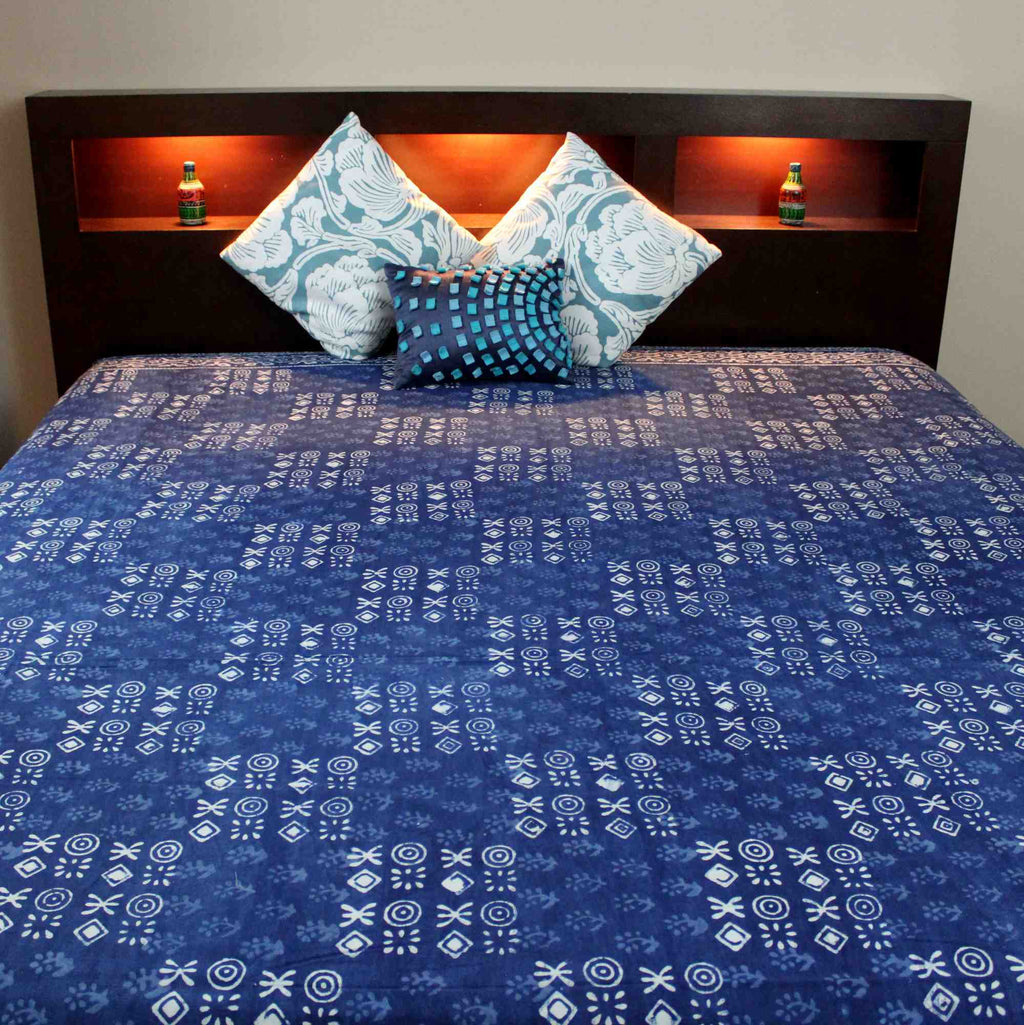 Vegetable Dye Block Print Cotton Tapestry Spread 110x110 inches King Blue Black - Sweet Us