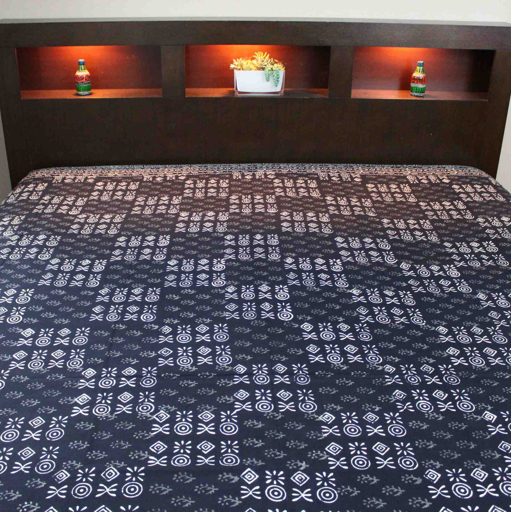 Vegetable Dye Block Print Cotton Tapestry Spread 110x110 inches King Blue Black - Sweet Us