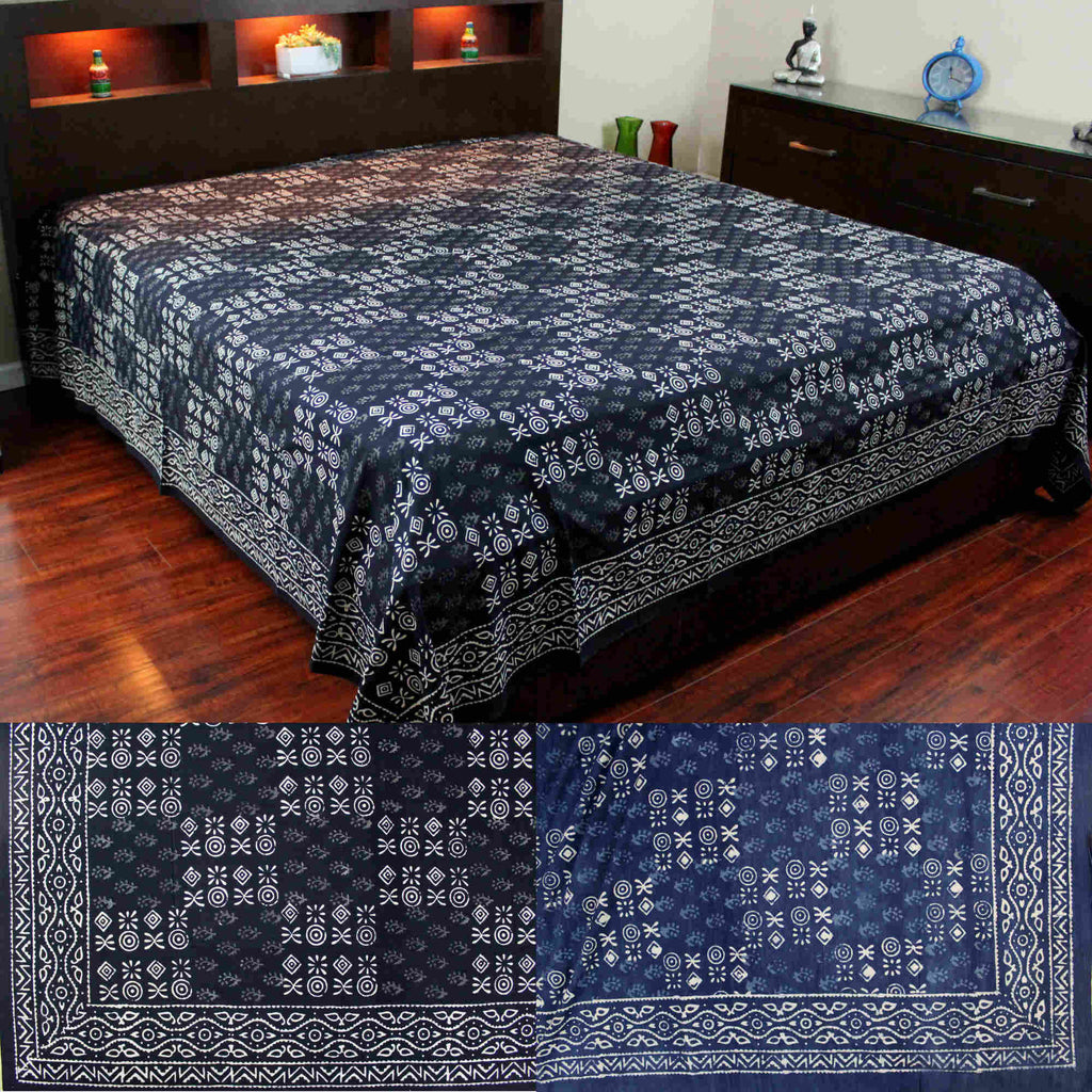Vegetable Dye Block Print Cotton Tapestry Spread 110x110 inches King Blue Black - Sweet Us