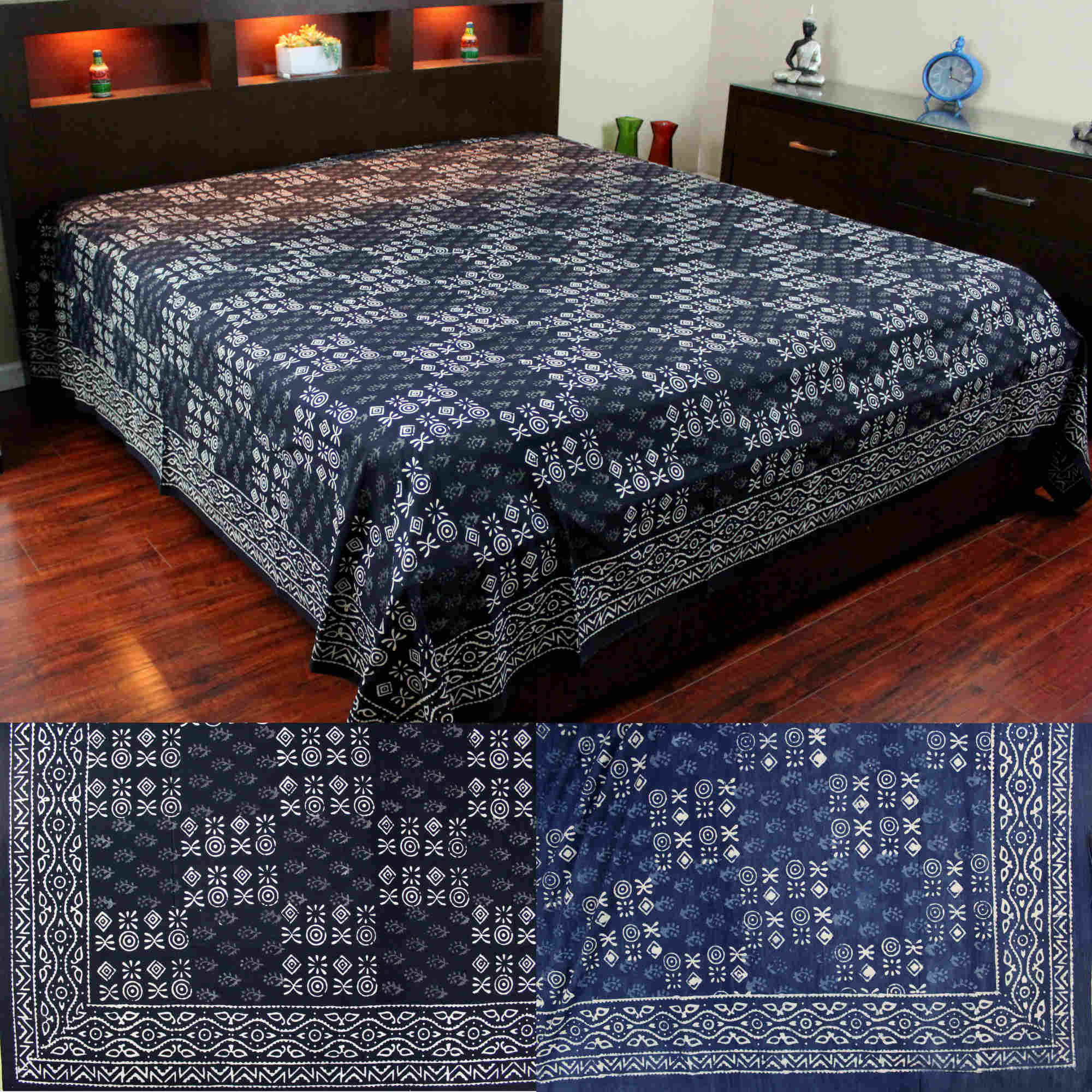Vegetable Dye Block Print Cotton Tapestry Spread 110x110 inches King Blue Black - Sweet Us