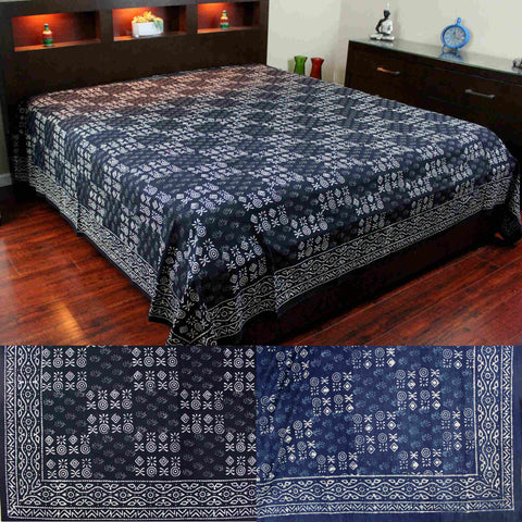 Vegetable Dye Block Print Cotton Tapestry Spread 110x110 inches King Blue Black - Sweet Us