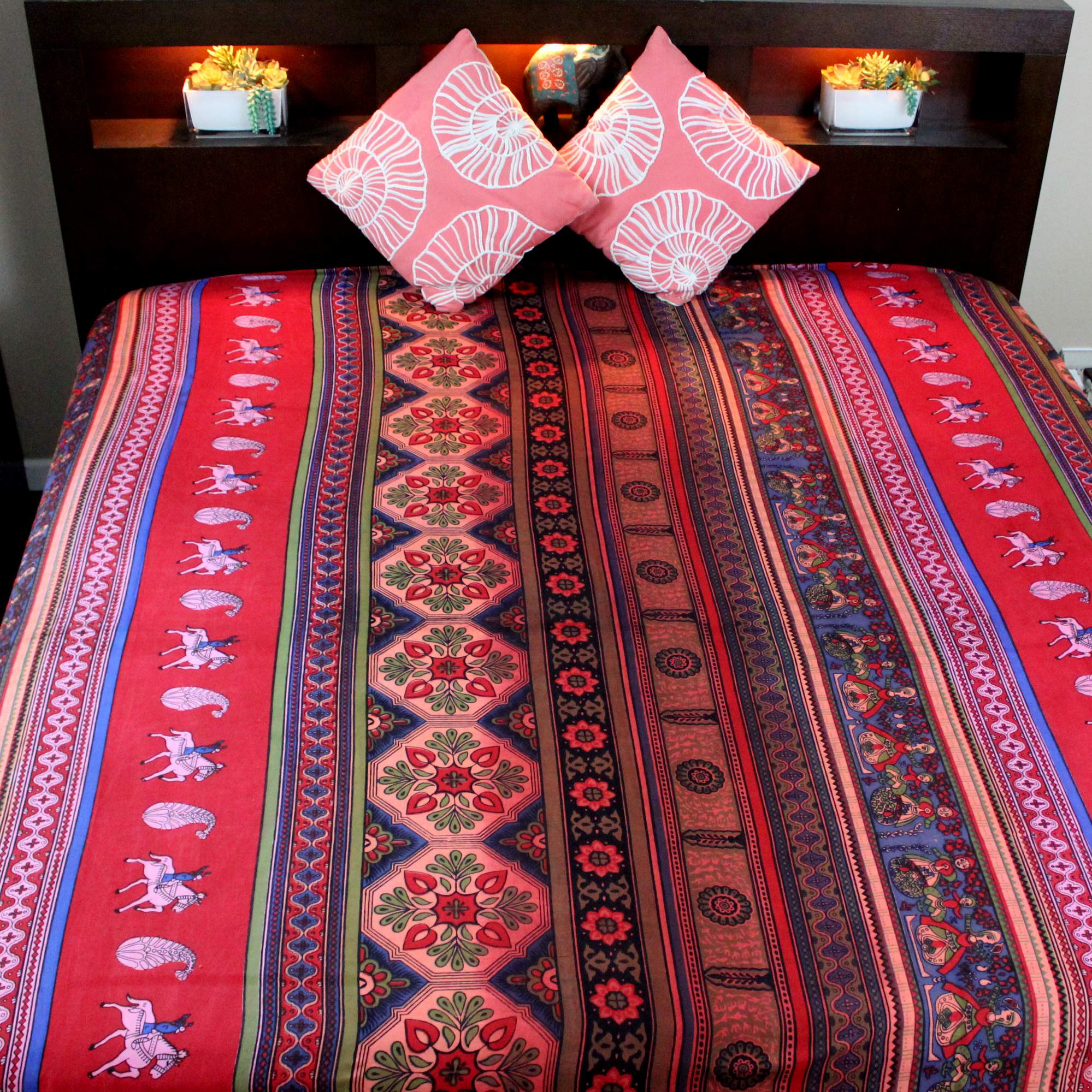 Cotton Kalamkari Tapestry Wall Hang Tablecloth Rectangle Green Blue Red - Sweet Us