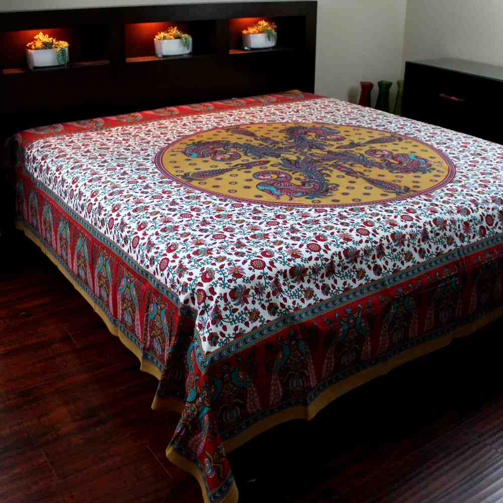 Cotton Peacock Floral Red Tablecloth Rectangle Wall Tapestry Bed sheet Queen - Sweet Us