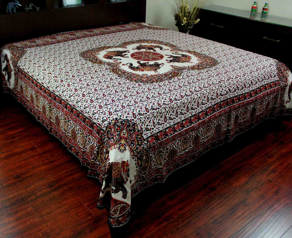 Elephant Mandala Print Tapestry Tablecloth Bedspread Picnic Blanket Cotton Queen 106x106 Inches Red - Sweet Us