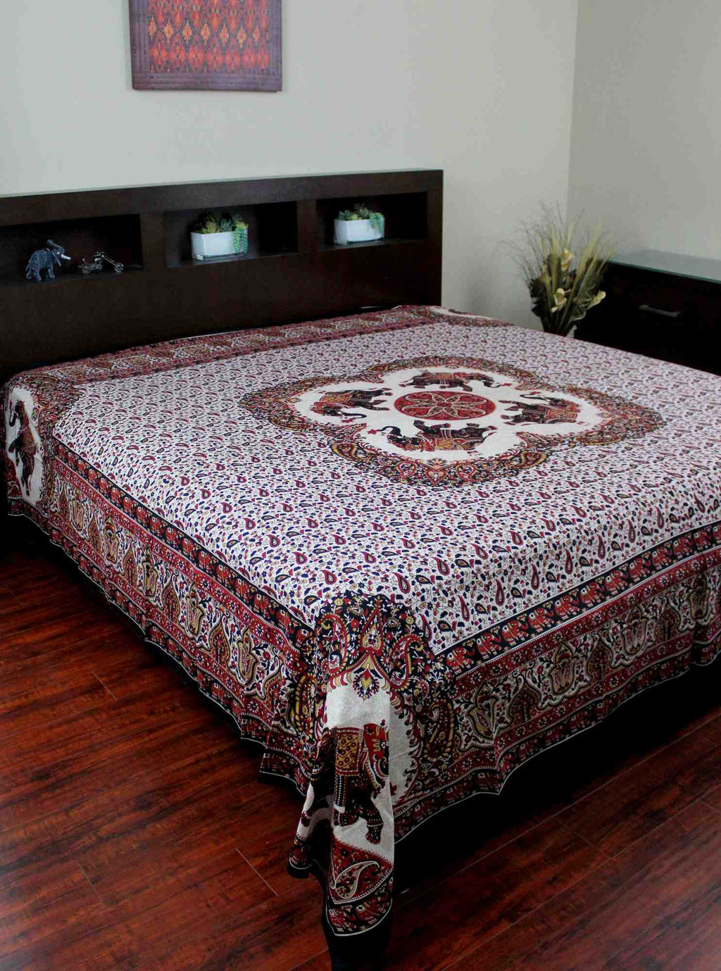 Elephant Mandala Print Tapestry Tablecloth Bedspread Picnic Blanket Cotton Queen 106x106 Inches Red - Sweet Us