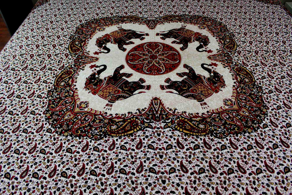 Elephant Mandala Print Tapestry Tablecloth Bedspread Picnic Blanket Cotton Queen 106x106 Inches Red - Sweet Us