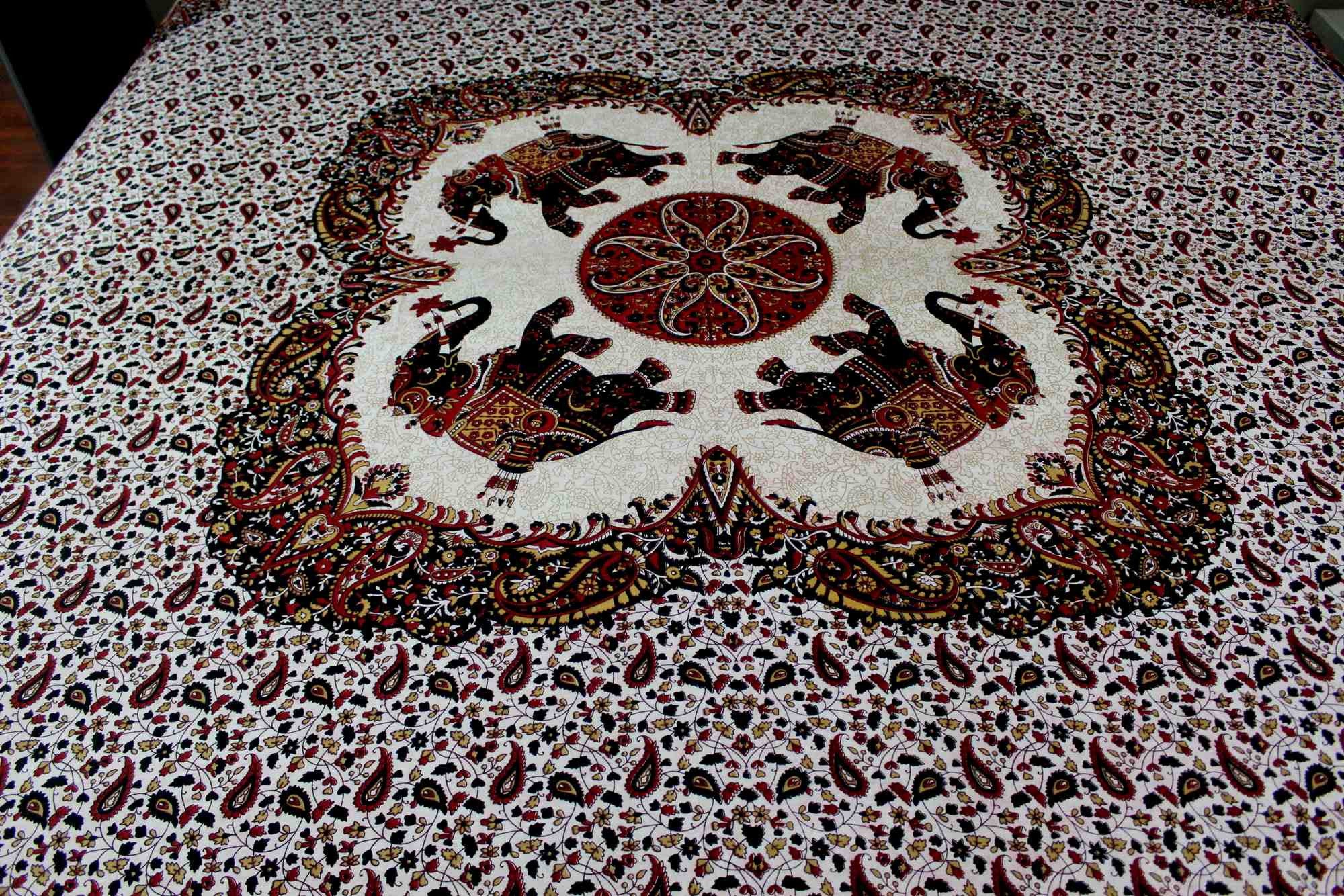 Elephant Mandala Print Tapestry Tablecloth Bedspread Picnic Blanket Cotton Queen 106x106 Inches Red - Sweet Us