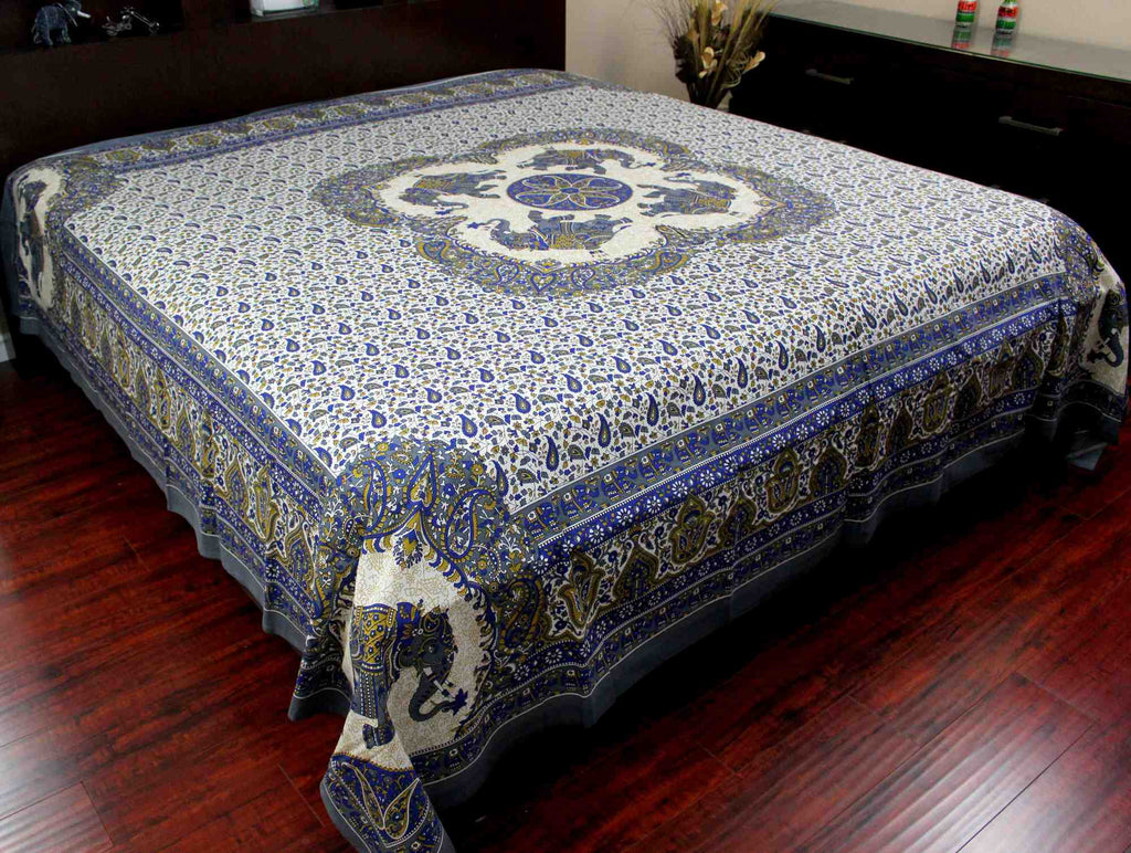 Elephant Mandala Print Tapestry Tablecloth Bedspread Picnic blanket Cotton Queen 106" x 106" - Sweet Us