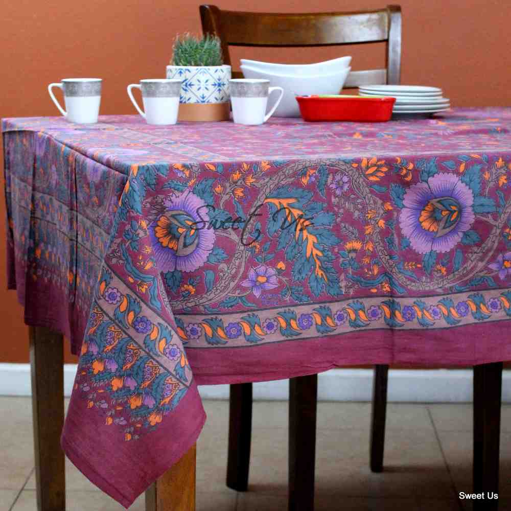 Cotton Tree of Life Floral Tablecloth Rectangle Burgundy Green Purple