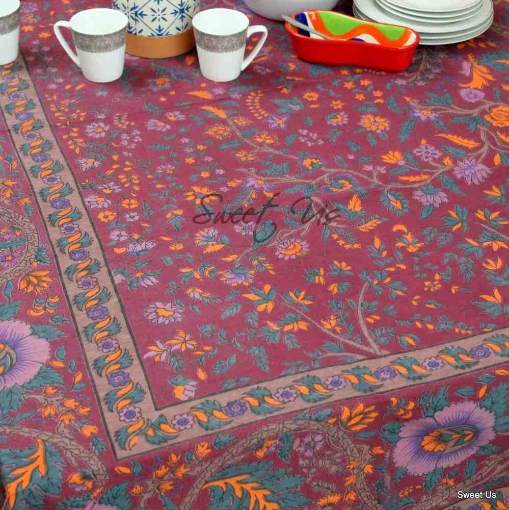 Cotton Tree of Life Floral Tablecloth Rectangle Burgundy Green Purple