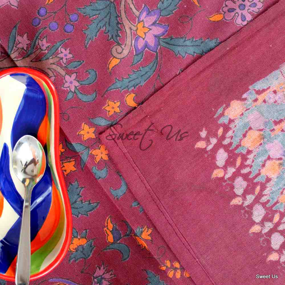 Cotton Tree of Life Floral Tablecloth Rectangle Burgundy Green Purple